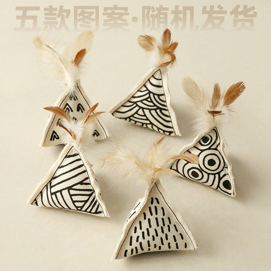 Cat self-entertainment toy, canvas catnip bell, cotton geometric triangle cat teaser toy, cat toy head