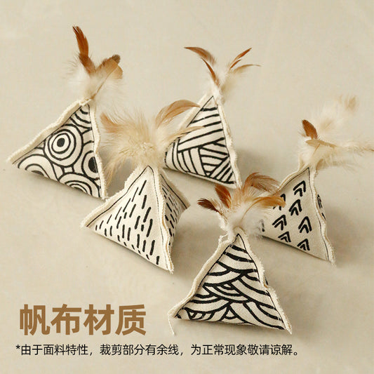Cat self-entertainment toy, canvas catnip bell, cotton geometric triangle cat teaser toy, cat toy head